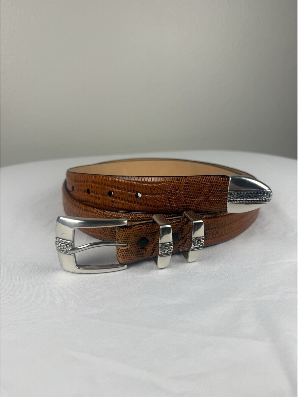 Belts.com Mens 46 Brown Italian Calfskin Lizard Embossed Leather Belt Silver